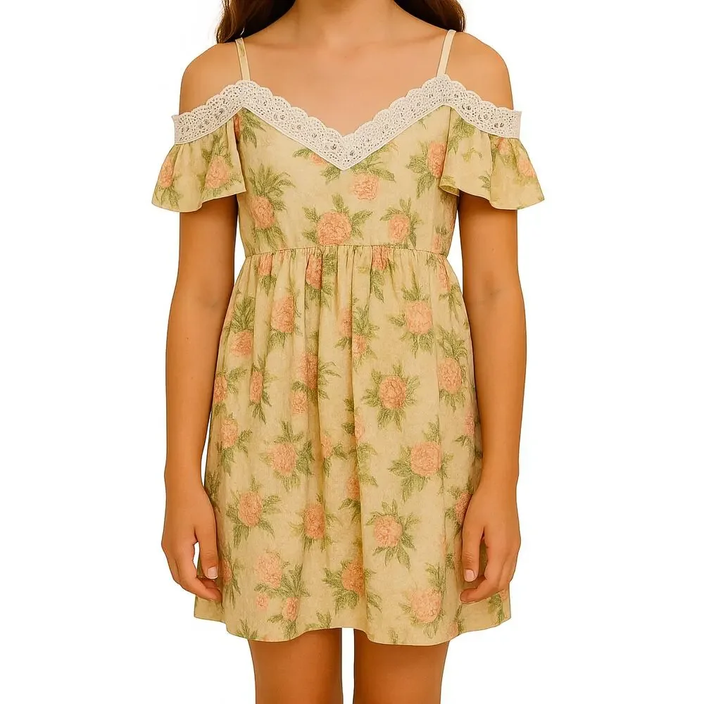 Disney Princess Aurora Dress Girls 7/8 Floral Lace Cold Shoulder Cottagecore